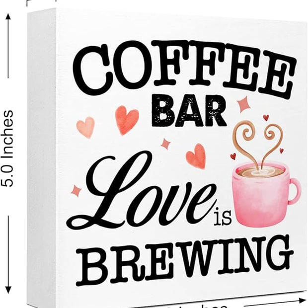 LVQHI Funny Kitchen Wood Block Signs,Coffee Bar Love is Brewing Wooden Box Sign for Home Shelf Bedroom Tabletop Desk Decor,Rustic Kitchen Office Cafe Sign Decor