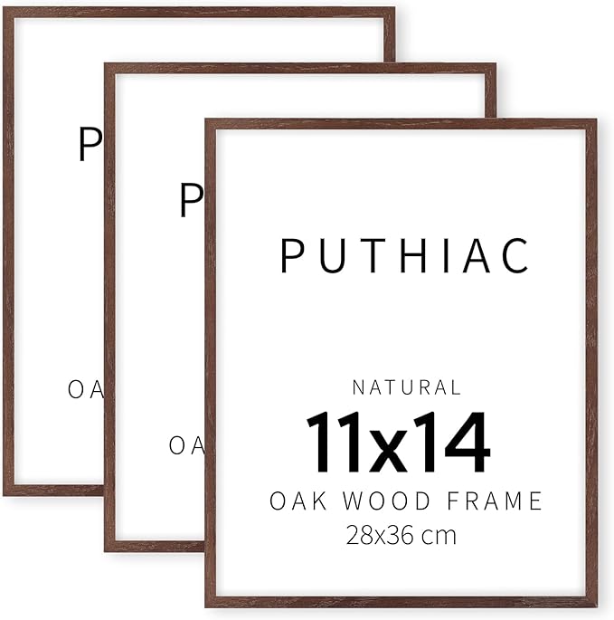 puthiac 11x14 Solid Oak Wood Picture Frame, Fits 8x10 with Mat or 11x14 Without Mat, Wall Display Only, Vertical or Horizontal, Plexi Front, 3 Pack, Walnut