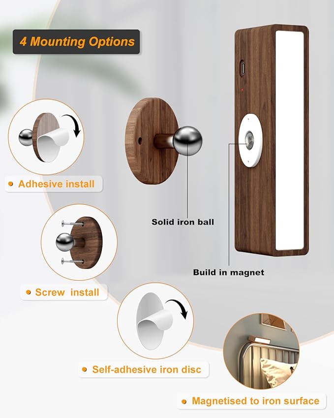 Battery Operated Wall Sconces Set of 2,Rechargeable Wall Lights Wood,Stick On Wall Lights for Bedroom,Wall Mounted Bedside Reading Lamps Dimmable,Battery Powered Wall Lamp for Bedroom