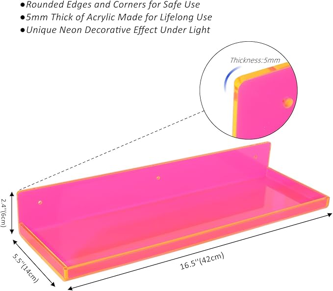 Floating Shelves for Wall Acrylic Wall Shelves for Bedroom Bathroom Living Room Kitchen 16.5X5.5'', Pack of 2, Neon Pink