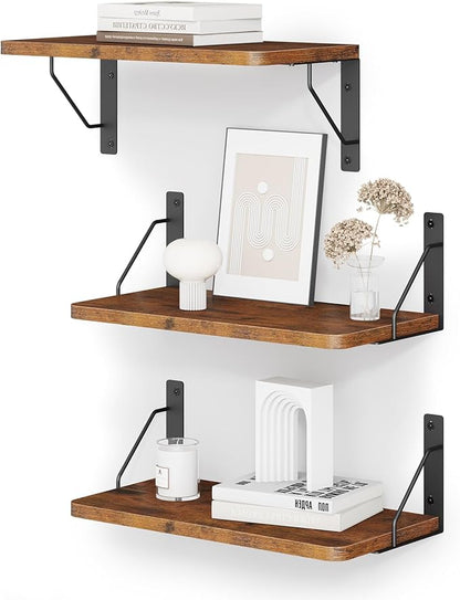 Wooden Floating Shelves for Wall, Floating Shelf for Bedroom Kitchen Decor, Wall Mounted Rustic Farmhouse Wood Shelf for Books, Plants, Set of 3(Rustic Brown, M (Rectangular))