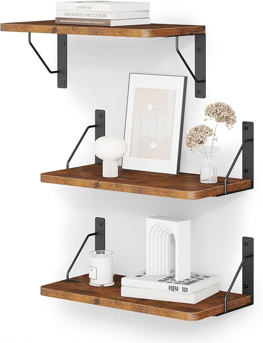 Wooden Floating Shelves for Wall, Floating Shelf for Bedroom Kitchen Decor, Wall Mounted Rustic Farmhouse Wood Shelf for Books, Plants, Set of 3(Rustic Brown, M (Rectangular))