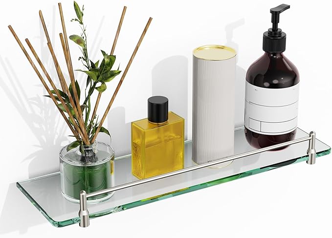 Glass Bathroom Shelves,Brushed Nickel Floating Shelves for Wall Rectangular Modern Stainless Steel Glass Shelf for Bathroom Shelves Wall Mounted 16 Inch