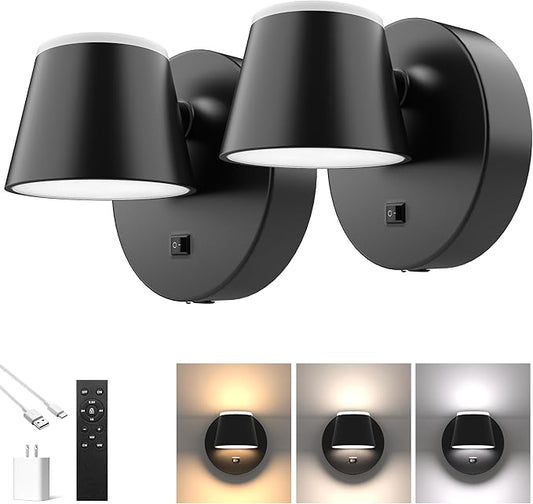 URSOLA Battery Operated Wall Lights Set of Two, LED Rechargeable Battery Wall Sconce with 9000mAh 3CCT and Dimmable Magnetic 360° Rotation Cordless Light for Bedroom（Black）