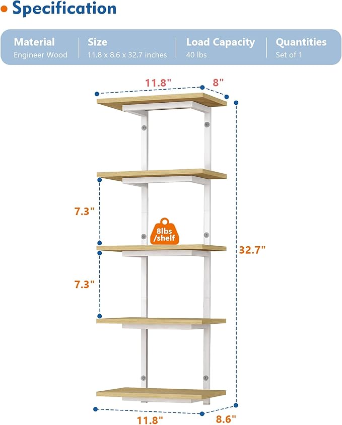 White and Natural Tiered Wall Shelf Unit, 5 Tier Display Floating Shelves, Deep Hanging Wall Shelving Unit for Living Room Plants TV, Bedroom Books, Office Décor (White and Natural Wood)