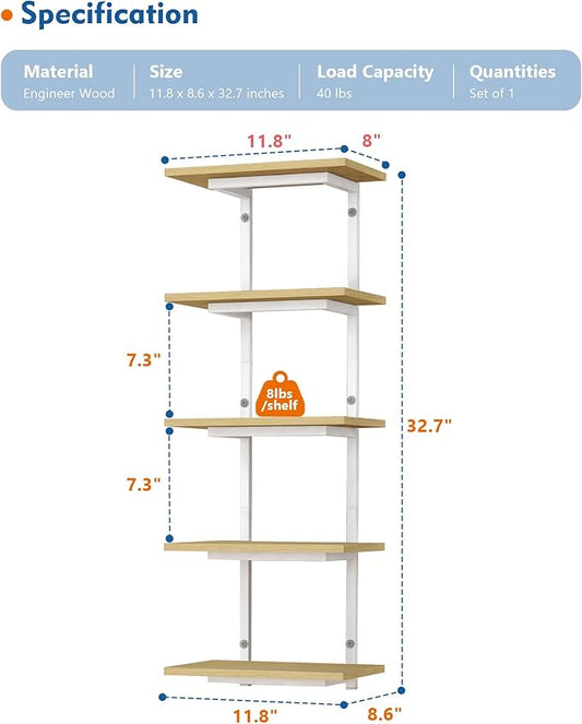 White and Natural Tiered Wall Shelf Unit, 5 Tier Display Floating Shelves, Deep Hanging Wall Shelving Unit for Living Room Plants TV, Bedroom Books, Office Décor (White and Natural Wood)
