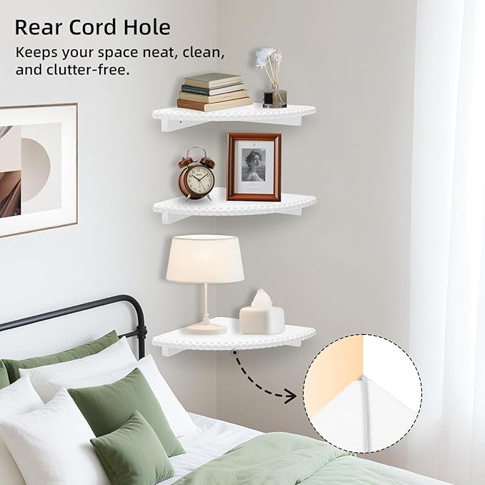 Lamapggio Corner Floating Shelves with Double Support Brackets, 3 Pack Wood Wall Mount Round Display Shelf for Bedroom, Living Room, Bathroom