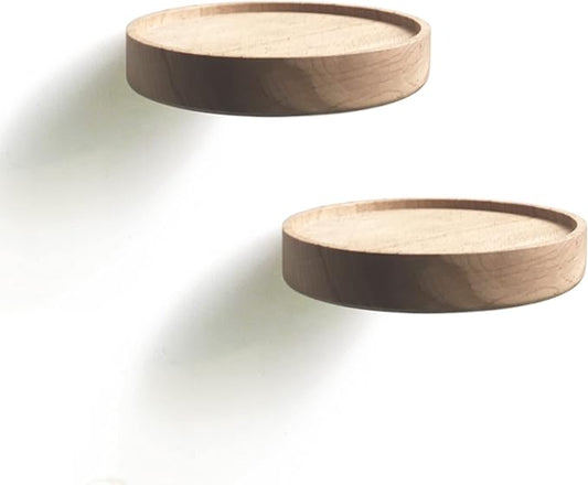 Coracle Floating Shelf Wood Round Wall Mounted Showcase Wall Shelf Hanging Planter Storage Wooden Shelf for Plants Photo Candle Invisible Wall Decoration Design Set of 2 (Diameter Ø4.7 inch)