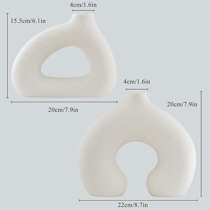 White Ceramic Vase Set of 2 for Modern Home Decor, Round Matte Donut Vases for Pampas Grass, Boho Nordic Minimalism Style Modern Flower Vases for Living Room Table Bookshelf Office Bedroom