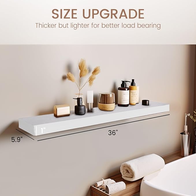 Floating Shelves 36 Inches Long, Set of 2 Solid Rustic Wood Wall Mounted Shelves, Wall Picture Ledge Shelf with Invisible Metal Brackets for Living Room, Bedroom, Bathroom, White