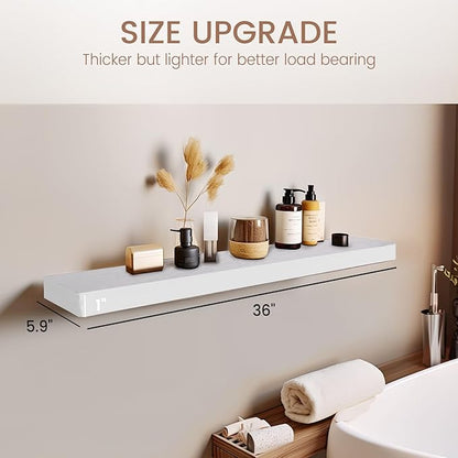 Floating Shelves 36 Inches Long, Set of 2 Solid Rustic Wood Wall Mounted Shelves, Wall Picture Ledge Shelf with Invisible Metal Brackets for Living Room, Bedroom, Bathroom, White