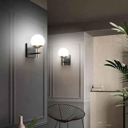 Ralbay Black Gold Wall Sconce, Mid Century Modern Wall Lighting Fixtures Milky Glass Indoor Wall Lamp for Home Decor Bathroom Kitchen Living Room Vanity Hallway, Black and Gold 1 Light