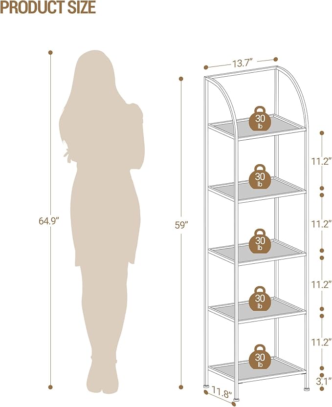 Bookcase Bookshelf, Tempered Glass Arched Bookshelf for More Storage, Slim Shelving Unit for Bedroom, Bathroom, Home Office, Steel Frame, 5 Tier White BC20599W