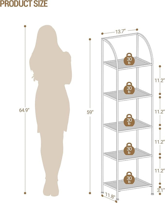 Bookcase Bookshelf, Tempered Glass Arched Bookshelf for More Storage, Slim Shelving Unit for Bedroom, Bathroom, Home Office, Steel Frame, 5 Tier White BC20599W