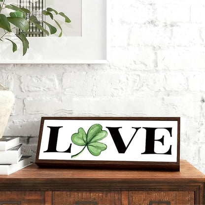 Love Wooden Table Sign, Lucky Clover Home Decor, Shelf Decoration, St. Patrick's Day Themed Decors for Cafe Shop Coffee Bar, Farmhouse Decor for St. Patrick's Day, 9.5x3.1x1 inches
