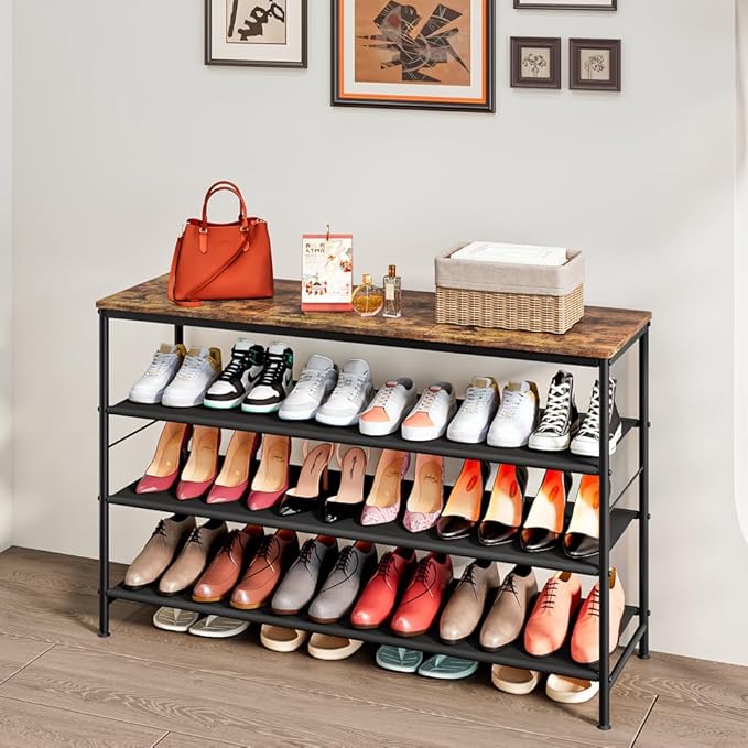 Shoe Rack Organizer 5 Tier Metal Organizer Shelf with Industrial MDF Board and Layer Fabric for Entryway Closet Bedroom Living Room Garage (Black+Rustic Brown, 4 Tier(47.2" W))