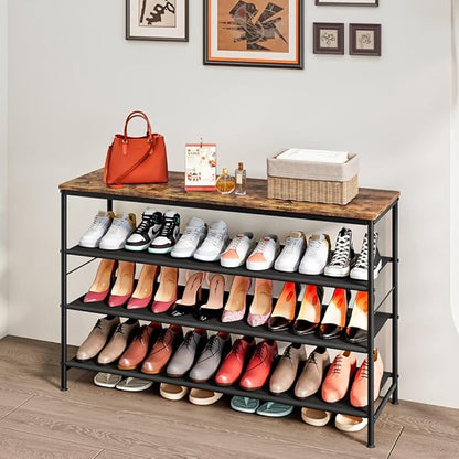 Shoe Rack Organizer 5 Tier Metal Organizer Shelf with Industrial MDF Board and Layer Fabric for Entryway Closet Bedroom Living Room Garage (Black+Rustic Brown, 4 Tier(47.2" W))