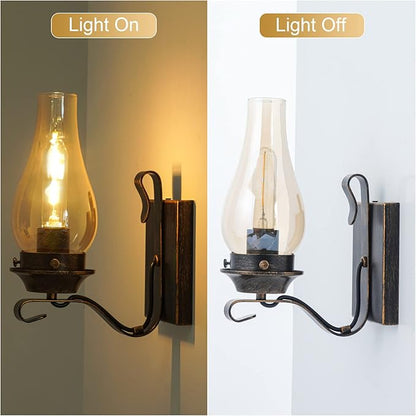 Yisuro Hardwired Wall Sconce,Oil Rubbed Bronze Hardwired Wall Sconce Indoor, Retro Rustic Wall Lamps with Amber Glass,Vintage Bedside Sconces Wall Lighting for Living Room Bathroom