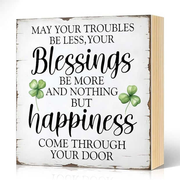 May Your Troubles Be Less And Your Blessings Be More Wood Block Plaque Box Sign for Home Living Room Coffee House Bar Shelf Table Office Decoration, Irish Blessing Decor Gifts for Family