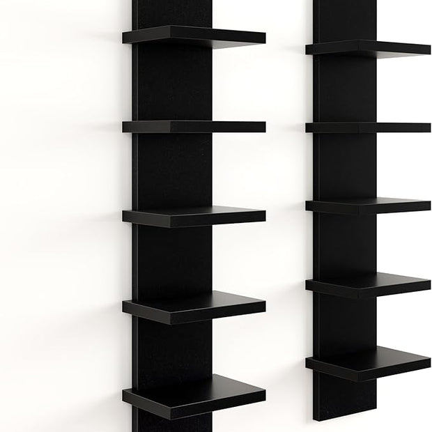 Fun Memories 5 Tier Wall Shelf Unit, Black Floating Shelves for Storage - Vertical Column Tower Design, Lack Wall Shelf Space Saving Organizer for Bedroom, Living Room, Home Decor， 2Pack