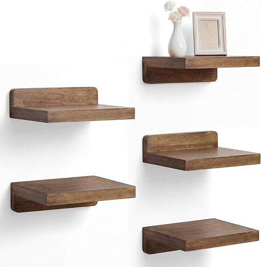 Novabright 5 Pack Small Floating Shelves Mini Shelves Hanging Display 5 Inch Wood Wall Shelf for Plant Bathroom Livingroom Bedroom with 2 Types of Installation Nursery Decor(Brown)