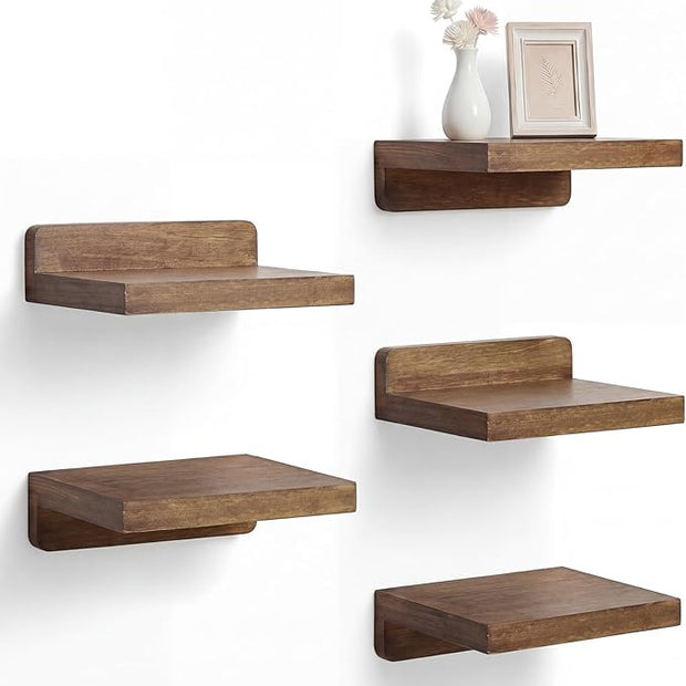 Novabright 5 Pack Small Floating Shelves Mini Shelves Hanging Display 5 Inch Wood Wall Shelf for Plant Bathroom Livingroom Bedroom with 2 Types of Installation Nursery Decor(Brown)