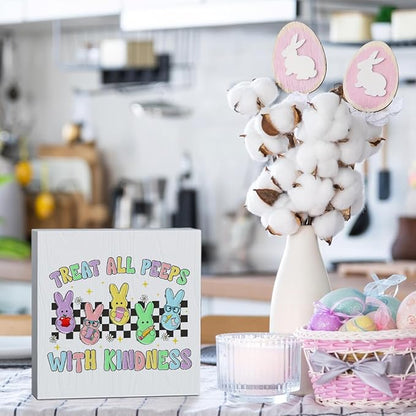 Funny Easter Decorations Peeps Decorations Easter Table Decor Treat All Peeps With Kindness Wooden Box Sign for Home Office Bedroom Living Room Desk Shelves