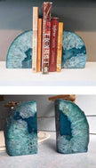JIC Gem Teal Agate Bookends Geode Book Ends for Bookshelf Decor Decorative Bookends for Shelves Unique Cute Teal Decor with Rubber Bumpers (1 Pair, 3-4 Lbs)