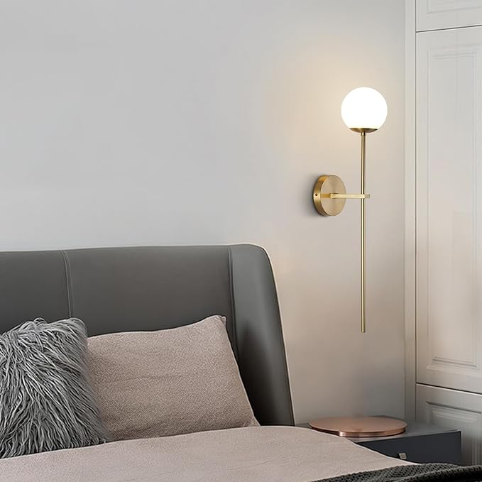 BOKT Mid Century Modern Long Wall Sconce Brushed Brass Bathroom Vanity Wall Sconce Lighting Small Gold Globe Wall Light White Glass Sphere Wall Lamp Antique Brass Wall Lighting