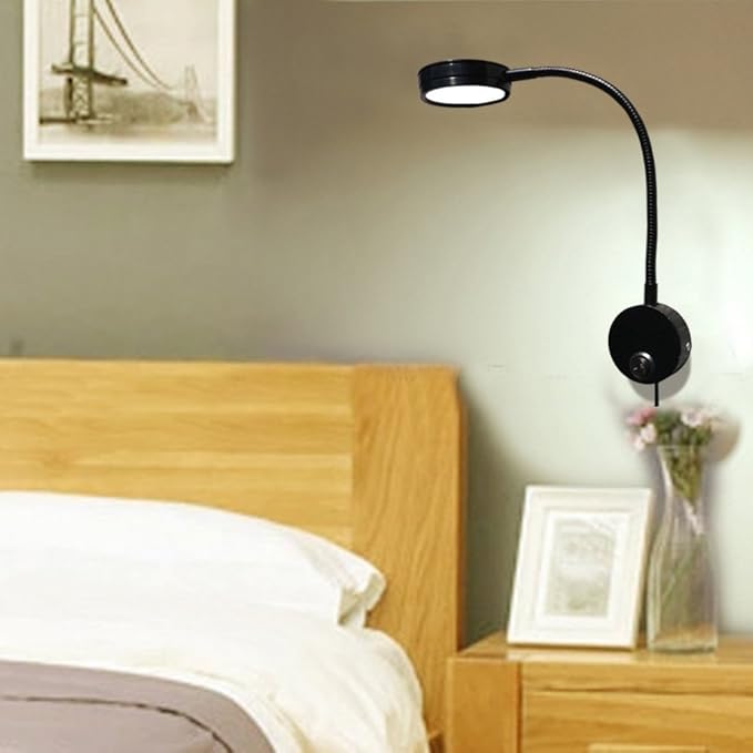 Youngine 5W Plug Wired Flexible Gooseneck Wall Sconce Reading Lamp Art Works Show Accent Light Wall Mount Spot Lamp Fixture with On/off Switch (Round Black-Cool White)