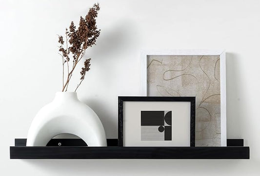 (24 in | 61 cm) Black Pine Wood Wall Mounted Floating Picture Ledge Shelf | Ideal for Bedroom, Kitchen, Bathroom, Office, Easy Installation, Mounting Hardware Included