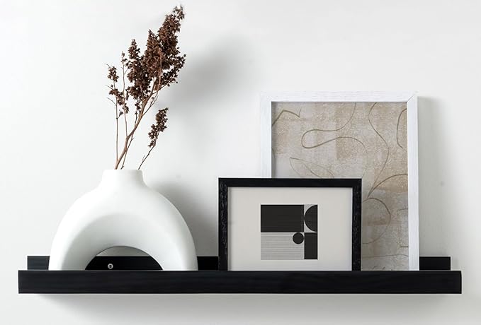(24 in | 61 cm) Black Pine Wood Wall Mounted Floating Picture Ledge Shelf | Ideal for Bedroom, Kitchen, Bathroom, Office, Easy Installation, Mounting Hardware Included