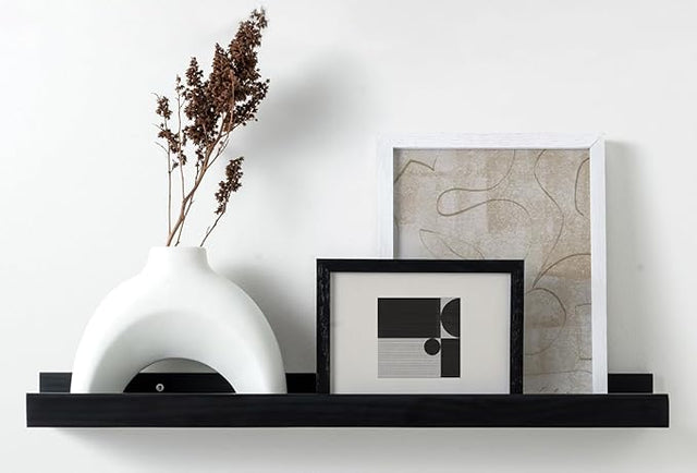 (24 in | 61 cm) Black Pine Wood Wall Mounted Floating Picture Ledge Shelf | Ideal for Bedroom, Kitchen, Bathroom, Office, Easy Installation, Mounting Hardware Included
