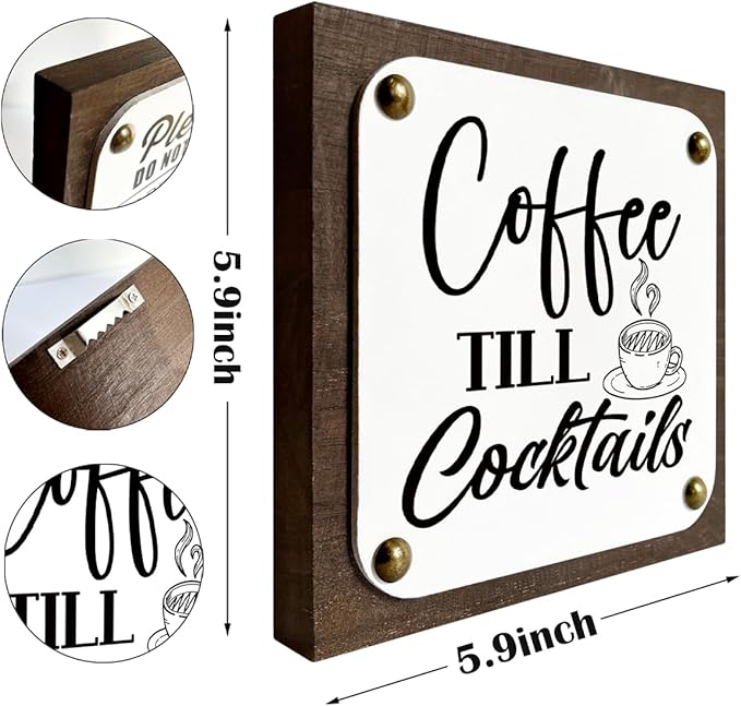 Coffee Bar Decor, Coffee Wood Sign, Wooden Box Signs Decors Art, Coffees Corner Decors, Kitchen Sign for Home Shelf Decor, Coffees Till Cocktails Signs