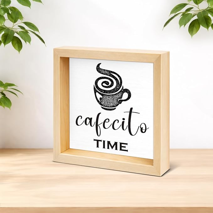 Funny Office Coffee Desk Decor - Funny Office Gift Ideas for Coworker - Double-sided Cafecito Time Wood Box Sign for Farmhouse Home Office Desk Shelf Decor