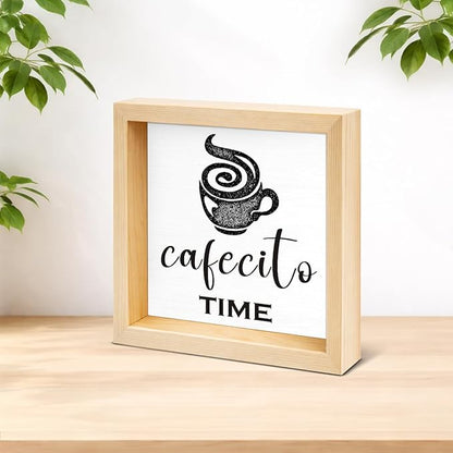 Funny Office Coffee Desk Decor - Funny Office Gift Ideas for Coworker - Double-sided Cafecito Time Wood Box Sign for Farmhouse Home Office Desk Shelf Decor