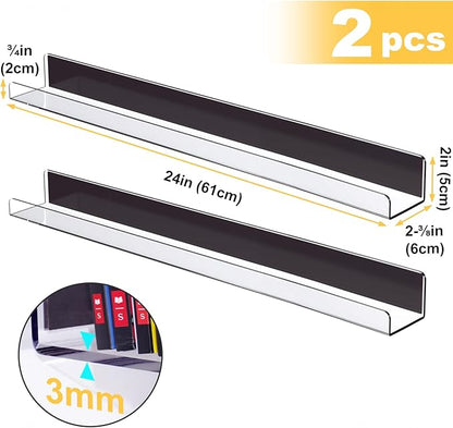 NiHome Clear Magnetic Acrylic Book Shelves 2-Pack, 24'' for Whiteboard, Classroom and Fridge Storage, Sleek Design for Large Picture Books and File Holders, Holds up to 8.5 lbs