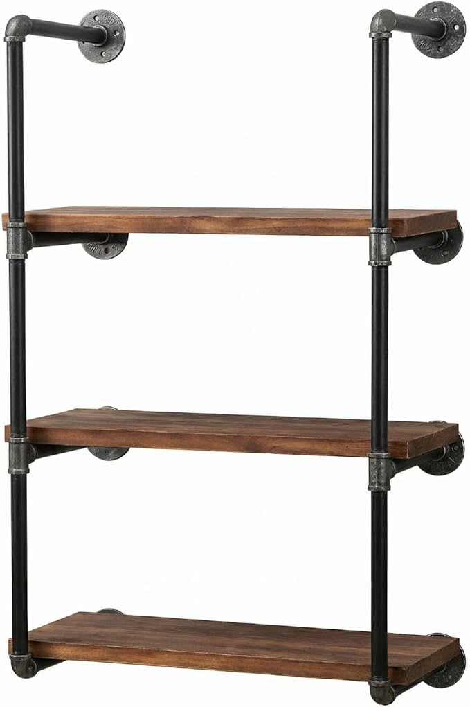 Industrial Wall Mounted Iron Floating Pipe Wood Shelves/Shelving/Racks/Storage/Bookcases/Brackets, DIY Open Bookshelves/Shelving for Kitchen/Office, Retro Black, Brown
