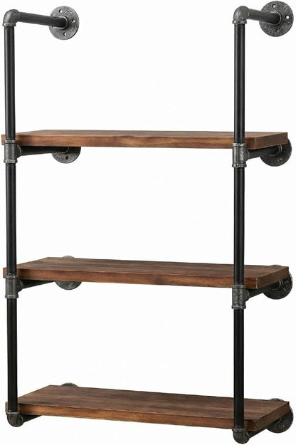 Industrial Wall Mounted Iron Floating Pipe Wood Shelves/Shelving/Racks/Storage/Bookcases/Brackets, DIY Open Bookshelves/Shelving for Kitchen/Office, Retro Black, Brown