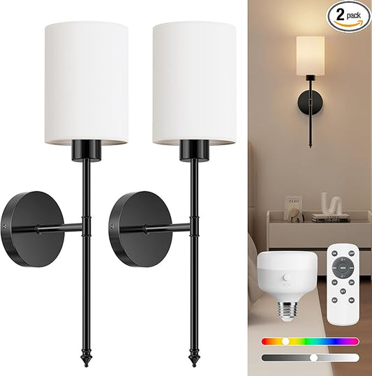 NIORSUN Battery Operated Wall Sconce Set of 2, Black Wireless Rechargeable Wall Lights with 5200mAh Dimmable Detachable Bulbs and Remote, 9 Colors Sconces Wall Decor for Bedroom Living Room Hallway