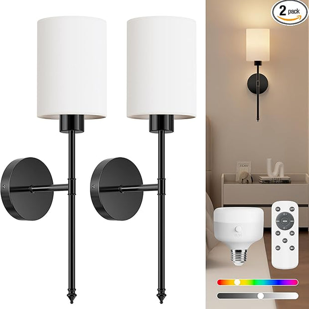 NIORSUN Battery Operated Wall Sconce Set of 2, Black Wireless Rechargeable Wall Lights with 5200mAh Dimmable Detachable Bulbs and Remote, 9 Colors Sconces Wall Decor for Bedroom Living Room Hallway