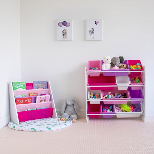 Humble Crew 4-Tier Kids Bookshelf, White Wood/Pink/Purple - Premium Book Shelf for Kids Rooms with Four Deep Pockets - Toddler Sling Book Rack with Deep Sleeves, Nursery Bookcase Organizer