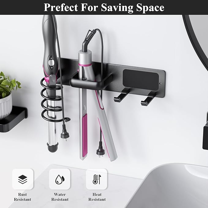 Tindbea Hair Dryer Holder Curling Iron Holder Flat Iron, Blow Dryer Holder Wall Mount, 3 in 1 Bathroom Hair Tool Organizer Rack for Universal Dryer, Matte Black