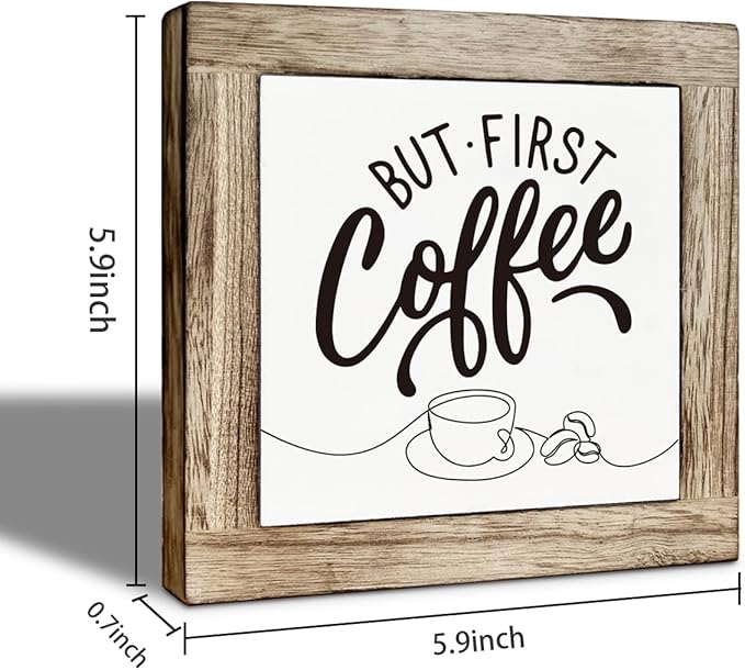 Coffee Bar Decor, But First Coffee Rustic Wood Box Signs, Funny Humor Framed Kitchen Sign, Square Wood Block Sign Table Decor, Freestanding Home Decoration 5.9×5.9 inch