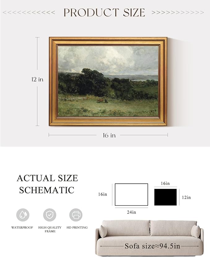 VIYYIEA Gold Framed Canvas Art Prints,12x16Inch, Pastoral Landscape Art Painting, Rustic Vintage Decor for Bedroom Living Room shelf, Farmhouse Country Retro Field Picture