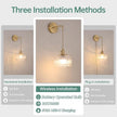 Battery Operated Wall Sconce with Clear Striped Shade Pattern Glass Adjustable Chain Retro Gold Wall Mounted Light, Modern Wall Lamp Fixtures Decor for Bedside Bedroom Indoor Doorway