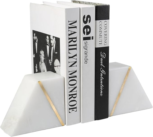 Natural Marble Bookends for Shelves, Decorative Book Ends for Heavy Books, Heavy Duty Mid Century Modern White and Gold Stone Book Holders with Brass Inlay, Unique Bookshelf Stopper Decor, Set of 2