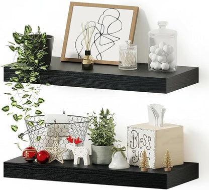 Vivelove Black Bathroom Shelves Over Toilet, 16" Floating Shelves, Wall Shelf for Bathroom Bedroom, Living Room, Kitchen, Office Home Decor, Narrow Shelves with Invisible Brackets Set of 2