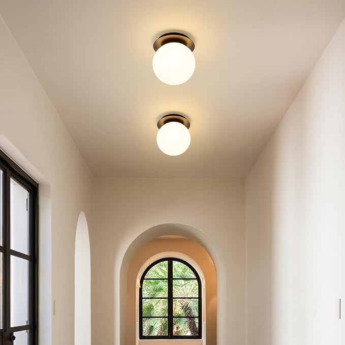 Modern Glass Globe Wall Sconce: Black Single Light with Milk Glass Shade - Minimalist Spherical Vanity Sconces Over Mirror - Contemporary Ball Wall Lights Fixtures for Entryway Bedside Bulb Excluded