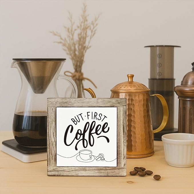 Coffee Bar Decor, But First Coffee Rustic Wood Box Signs, Funny Humor Framed Kitchen Sign, Square Wood Block Sign Table Decor, Freestanding Home Decoration 5.9×5.9 inch